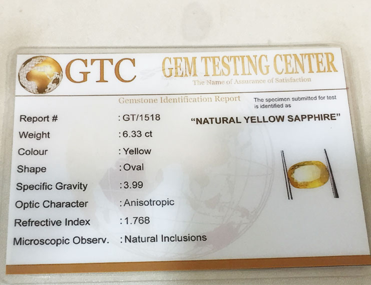 6.33 ct/7.00 ratti Natural Certified Ceylon Pukhraj/Yellow Sapphire